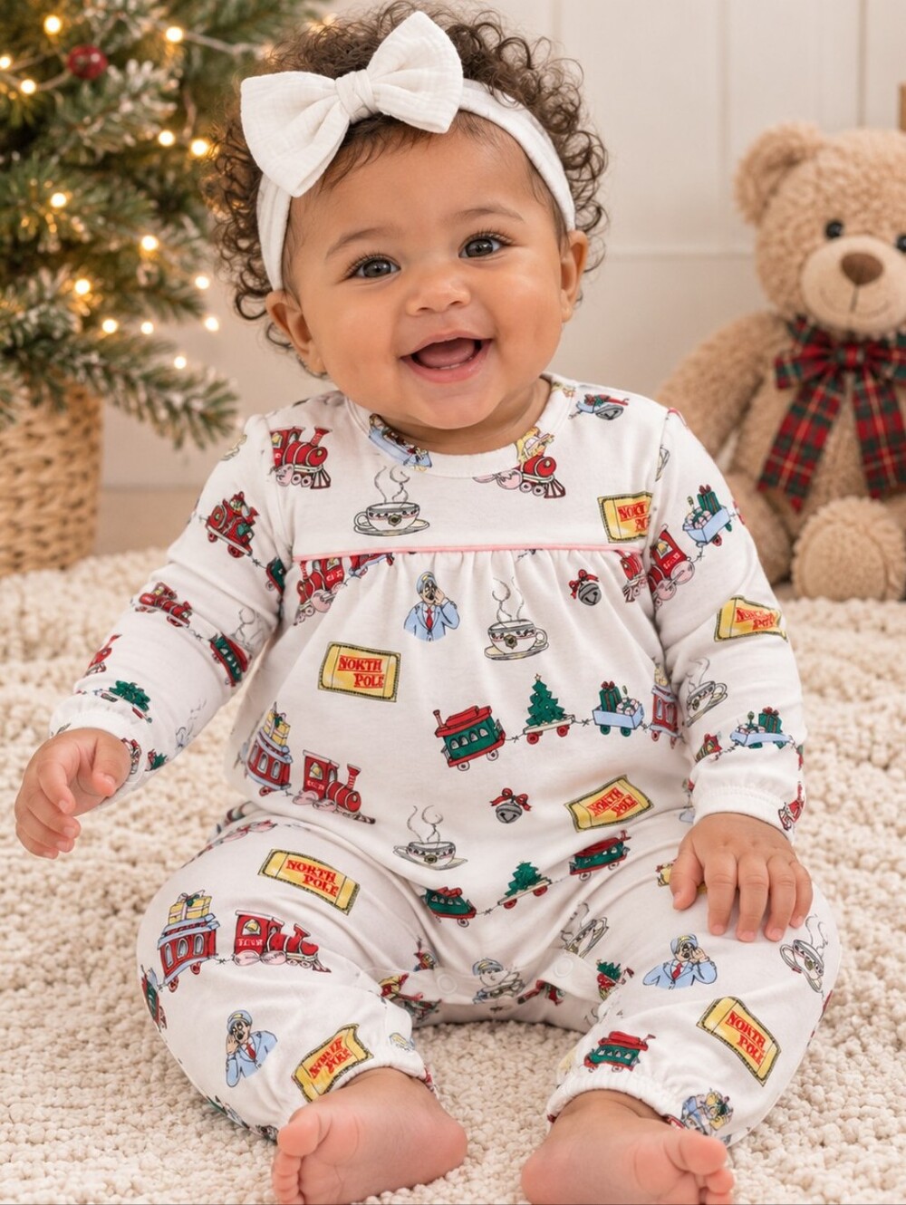 TBBC Penny's Playsuit Christmas Train Print Pima Cotton NWT 6-12M